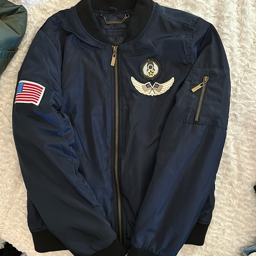 Jou Jou bomber jacket fleece lining American flag bomber jacket large worn once